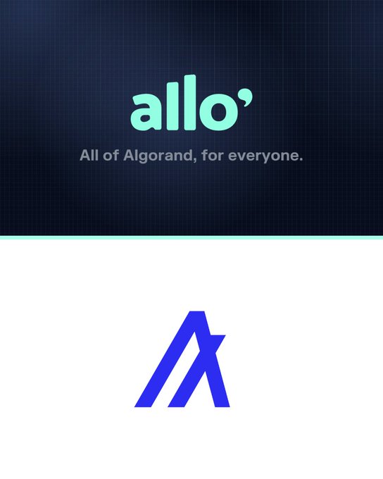 A logo for 'allo' with the tagline 'All of Algorand, for everyone' displayed above the blue Algorand (ALGO) cryptocurrency symbol.