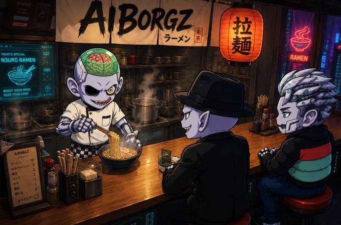 A digital illustration of a ramen shop named "AIBORGZ" where a robotic chef with an exposed brain serves noodles to a customer in a black hat and a cyborg patron.