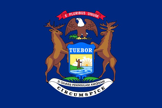 The flag of Michigan features a blue field with the state coat of arms, showing a bald eagle above two deer, with text including 'E PLURIBUS UNUM', 'TUEBOR', 'SI QUAERIS PENINSULAM AMOENAM', and 'CIRCUMSPICE'.