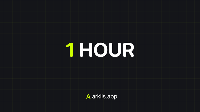 The image displays a countdown graphic with "1 HOUR" in bold white and lime-green text against a dark grid background, with "Arklis.app" branding below. This visually reinforces the post's announcement that the Arklis platform launch is just one hour away.