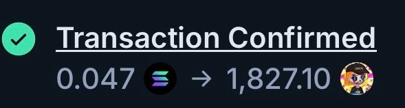 A dark interface displays a 'Transaction Confirmed' message with a green checkmark, showing the exchange of 0.047 SOL for 1,827.10 of a token featuring a monkey-like logo.