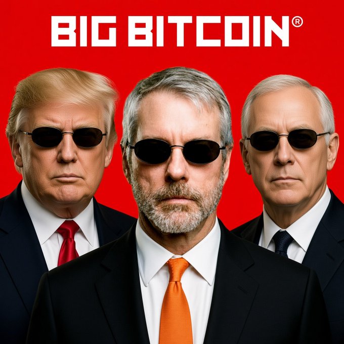 The image shows three men in dark suits and sunglasses against a bold red background, with "BIG BITCOIN®" displayed prominently at the top. The post's "PANIC" acronym (Patriots Are Now In Control) plays on Bitcoin ticker "BTC," using the imagery of serious, uniform-looking figures to project a sense of unstoppability and conspiracy around Bitcoin's rise.