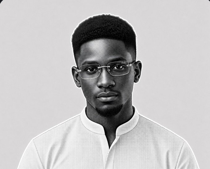 A black-and-white portrait of a young man with short hair and glasses wearing a light-colored button-up shirt against a plain background.