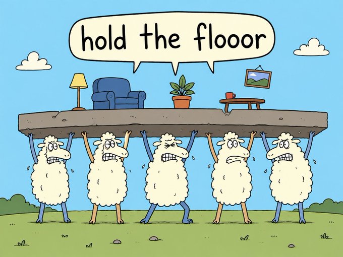 A cartoon illustration of five sheep straining to hold up a platform with a living room setup (sofa, lamp, plant, coffee table, framed picture), with a speech bubble reading 'hold the floor'.