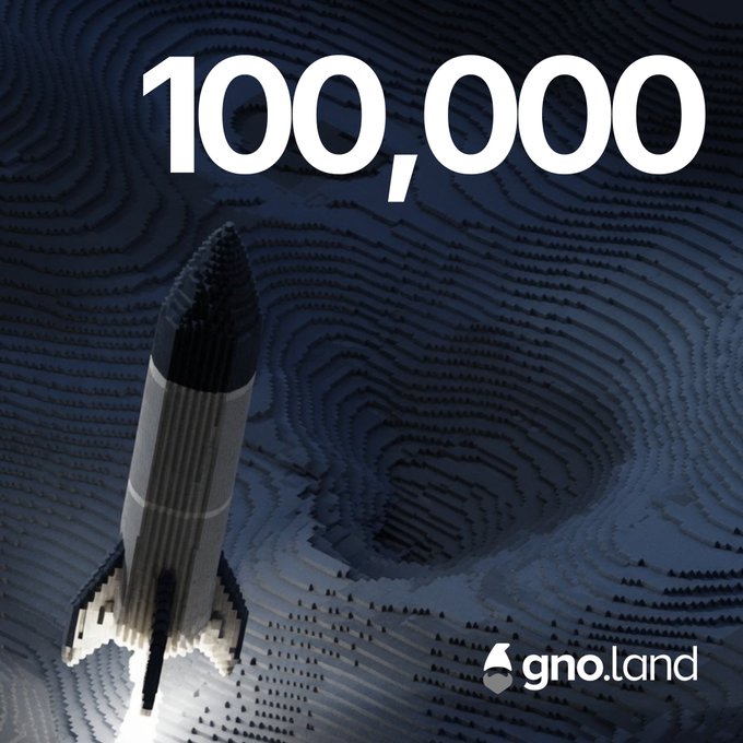 The image shows a rocket launching through pixelated terrain with the text "100,000" prominently displayed and the "gno.land" logo, symbolizing the milestone of 100,000 transactions for Test13. The rocket imagery visually represents the achievement as a powerful "liftoff" moment for the network.