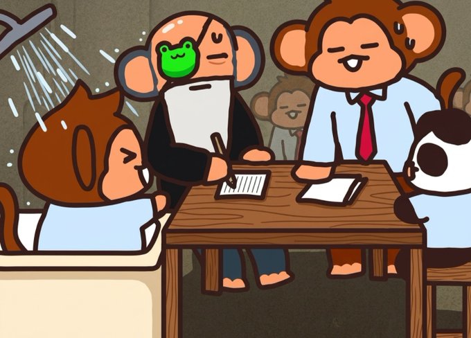 A cartoon illustration depicts a group of monkey characters in an office setting, with one character covered in sweat sitting across from colleagues in business attire, while another wears a green frog mask and holds a document at a wooden table.