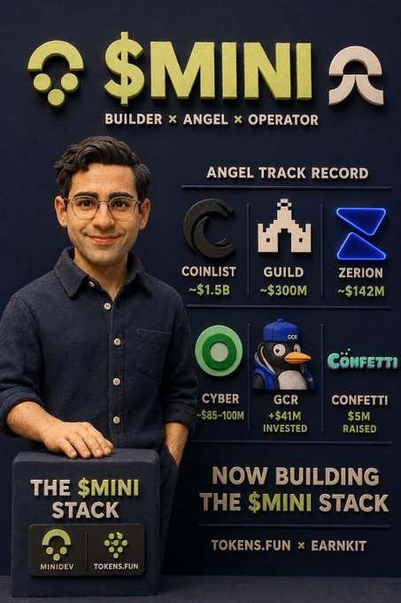 The image showcases "$MINI" — Jenil Thakker's brand as a Builder × Angel × Operator, featuring his angel investing track record with highlights including CoinList ($1.5B), Guild ($300M), Zerion ($142M), Cyber ($85-100M), and GCR ($41M), while promoting his current "MINI Stack" project built on tokens.fun and Earnkit.