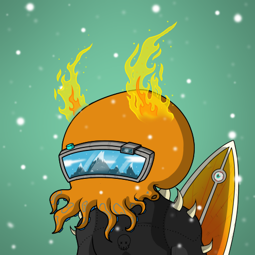 A cartoon octopus character wearing reflective goggles and a spiked leather vest, with flames coming out of its head against a green, snowy background.