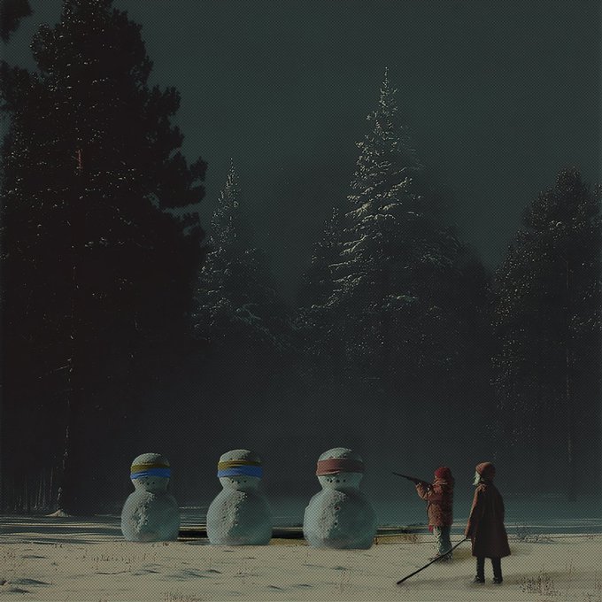 A dark, stylized snowy forest scene shows three small snowmen wearing blue or red headbands, while two bundled figures stand nearby, one holding a long gun-like object and a ski pole.