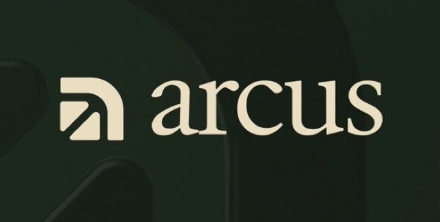 The image displays the Arcus logo and wordmark in cream against a dark green background, aligning with the post's promotional content about the Arcus platform and its app referral link.