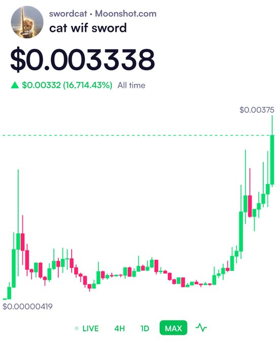 A screenshot of a price chart for the "cat wif sword" ($SWORDCAT) token on Moonshot.com shows a price of $0.003338, with a gain of $0.00332 (16,714.43%) all time, visualizing the massive 16,700% increase referenced in the post.