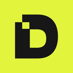 A stylized black letter "D" logo with a square cutout design is displayed on a bright yellow background, representing the branding for $DRAFT (@draftfamily), the onchain game where users pick 5 coins and compete on a price-change leaderboard.