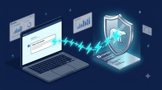 An illustration showing a laptop displaying a Coneus Chat Prompt being connected via electric lightning bolts to a shield with a bear emblem labeled "CONEUS Chat for Accounting" on a dark blue background.