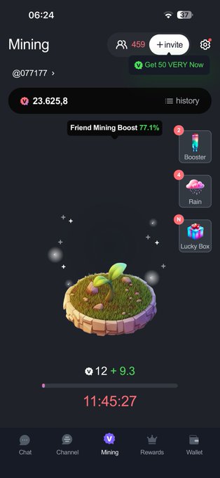 Mobile app screenshot showing a "Mining" interface with a plant sprouting in soil, displaying 23,625.8 coins, a "Friend Mining Boost 77.1%", options for Booster/Rain/Lucky Box, a timer at 11:45:27, and navigation tabs for Chat, Channel, Mining, Rewards, and Wallet.