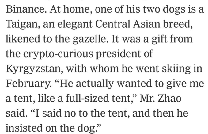 A New York Times article excerpt mentions Binance, a Taigan dog, the president of Kyrgyzstan, skiing in February, and a quoted exchange about a tent.