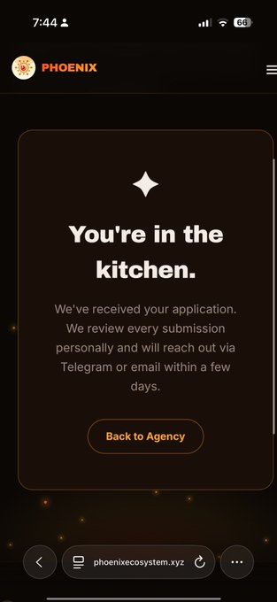 A mobile screenshot from 'PHOENIX' website shows a confirmation message 'You're in the kitchen' indicating an application was received for review.