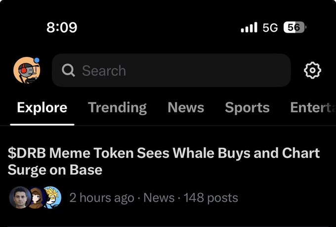 A mobile app screen at 8:09 displaying the headline '$DRB Meme Token Sees Whale Buys and Chart Surge on Base' posted 2 hours ago in the News category.