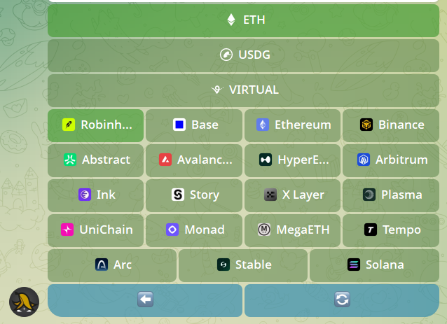 A cryptocurrency wallet or exchange interface displaying token options including ETH, USDG, and VIRTUAL, with chain selections like Robinhood, Base, Ethereum, Binance, Abstract, and others.