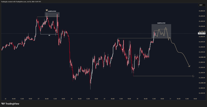 A TradingView candlestick chart of BTC/USD is shown, marked with a left-side "MANIPULATION" box around the July 16 high near $65,800 and a right-side "MANIPULATION" box around the recent $65,200 area highlighting the surge and subsequent sharp reversal, illustrating the post's warning about potential buyer manipulation and waiting for sellers to step in.