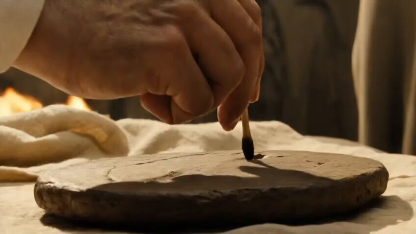 The image shows a person's hand holding a match, with a round object nearby that appears to be made of clay or stone. The scene takes place on a table, suggesting an artistic or creative process taking place. The caption provided seems unrelated to the image itself and is likely meant to provide context or background information about the post.