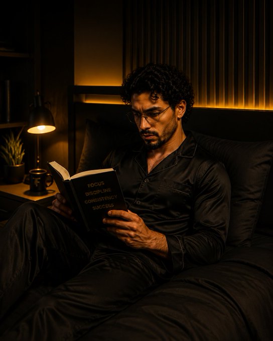 A man with curly hair and glasses lies in bed reading a book titled "FOCUS DISCIPLINE CONSISTENCY SUCCESS," illuminated by warm amber lighting. The cozy nighttime scene captures the post's call to rest and recharge, reinforcing the message of recovery after a productive day.