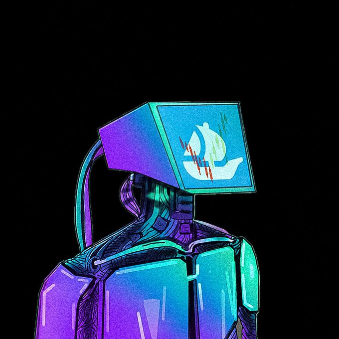 A stylized digital illustration of a cyberpunk robot or figure with a purple and teal color scheme, featuring a box-like head displaying a glowing logo.