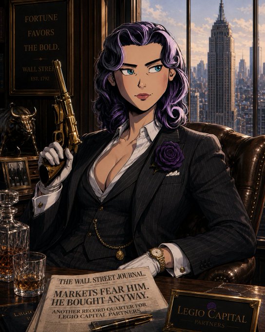 The image features a woman with purple hair, dressed in a suit and holding a gun. She appears to be sitting at a desk or table, possibly in an office setting. The background of the image shows a city skyline, suggesting that she might be in New York City. There are also several bottles on the desk, which could indicate that she is working in a professional environment where beverages are provided for her and others.