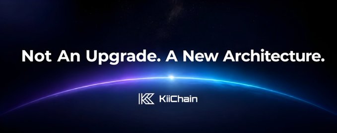 The image features a large, blue planet with a white sun setting behind it. The text "Not An Upgrade" is written above the planet, while the phrase "A new architecture." is below it. This suggests that the image is related to the KiiChain logo and its focus on creating a new architectural approach for blockchain technology.