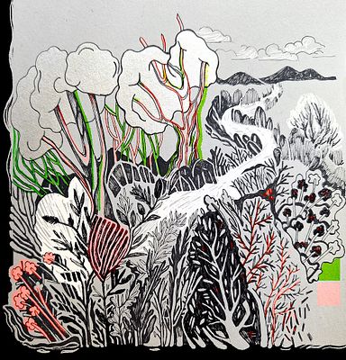 A black and white nature illustration with selective color accents in green, red, and pink depicting trees, plants, and mountains.