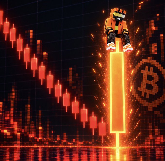 A 3D-rendered Minecraft-style character hovering atop a glowing orange bar on a financial candlestick chart with a downward trend.