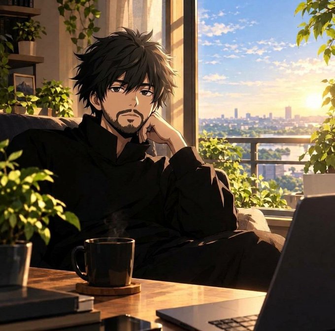 An anime-style illustration of a man with messy dark hair and a beard, wearing a black shirt, sitting by a window with a steaming coffee mug and a laptop, overlooking a city at sunset.