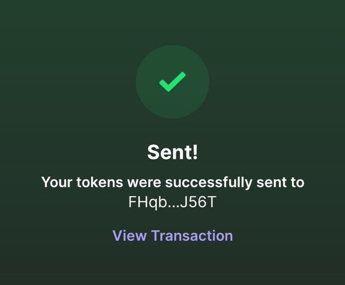 A confirmation screen displays a green checkmark with the text "Sent! Your tokens were successfully sent to FHqb...J56T" and a "View Transaction" link, verifying that a crypto airdrop was successfully delivered to the winner's Solana address.