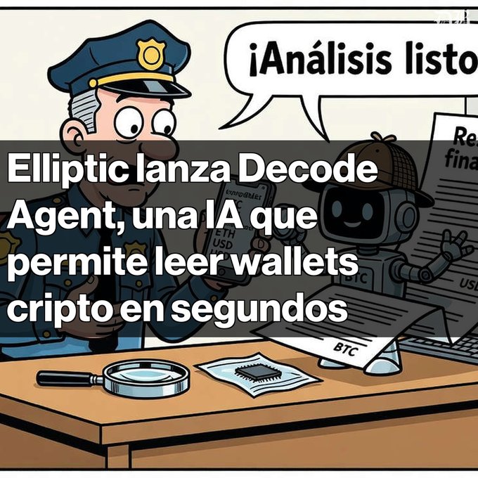 A cartoon-style image in Spanish announcing 'Elliptic lanza Decode Agent, una IA que permite leer wallets cripto en segundos' (Elliptic launches Decode Agent, an AI that allows reading crypto wallets in seconds), showing a police officer, a robot labeled 'Análisis listo', and cryptocurrency symbols (ETH, BTC, USD).