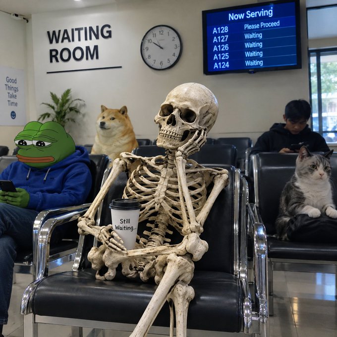 A humorous, surreal scene in a 'WAITING ROOM' featuring a skeleton holding a 'Still Waiting..' coffee cup, seated alongside a Shiba Inu, a Pepe frog in a hoodie, and a cat, with a queue board showing A128 as 'Now Serving'.