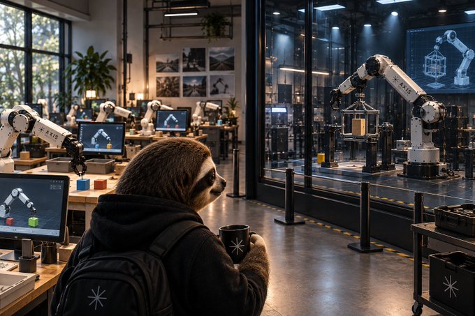 An anthropomorphic sloth wearing a black hoodie and backpack holds a coffee mug while standing in a high-tech robotics workshop filled with robotic arms and monitors.