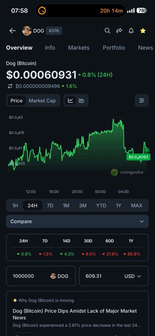 A mobile screenshot of a CoinGecko-style crypto app showing DOG (Dog (Bitcoin)) priced at $0.00060931, up 0.8% over 24 hours, with a green price chart and various timeframe performance metrics.