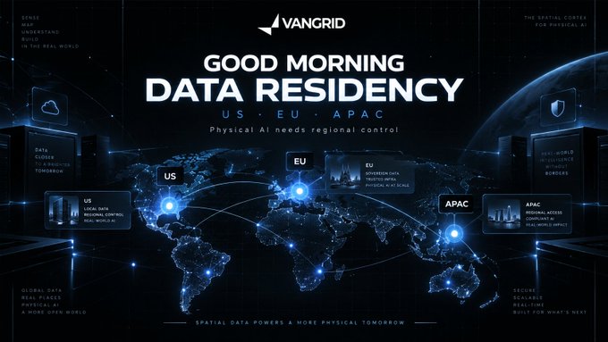 A digital advertisement for 'VANGID' reads 'GOOD MORNING DATA RESIDENCY' with subtext 'US • EU • APAC' and 'Physical AI needs regional control' over a blue illuminated world map highlighting regional data servers.