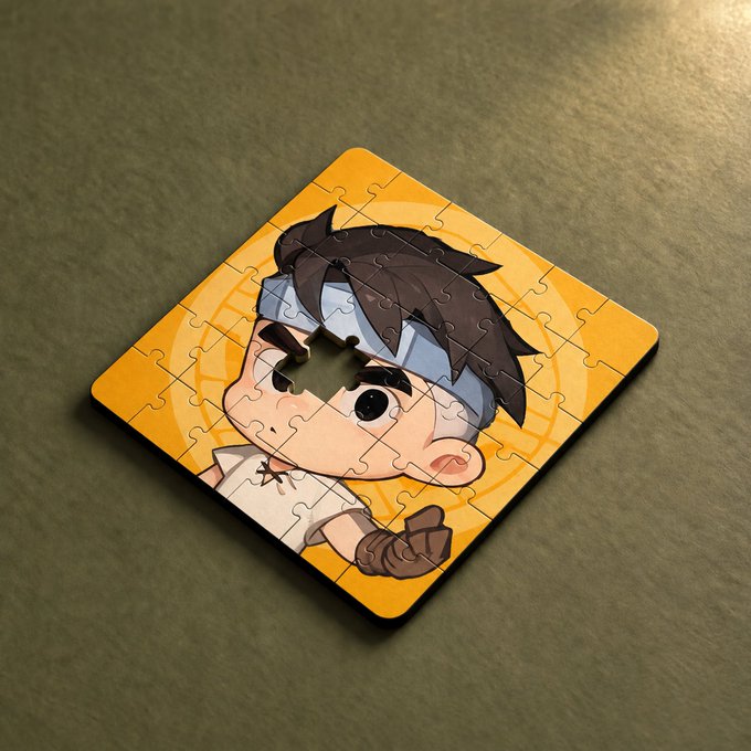 A nearly completed jigsaw puzzle on a dark surface shows a missing piece in the center of a cartoon character's face, with the post inviting @LeverUp_xyz to complete the puzzle.