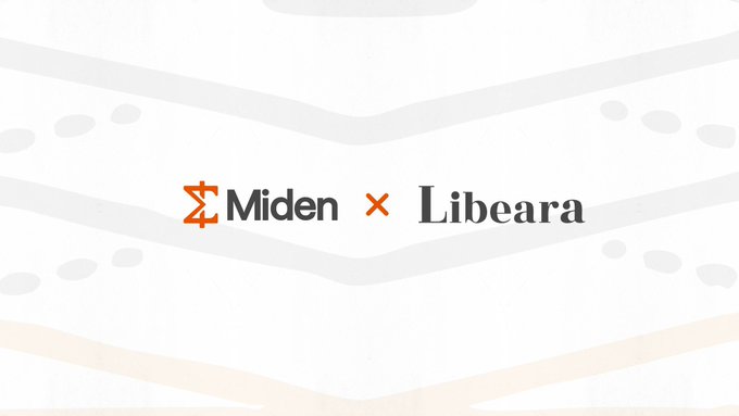 The image displays a partnership announcement graphic featuring the logos "Miden" and "Libeara" separated by an orange "x" symbol, set against a subtle background with light wave patterns. This visual reinforces the accompanying post about the Miden × Libeara MOU signing and their collaboration to build regulated onchain capital markets.