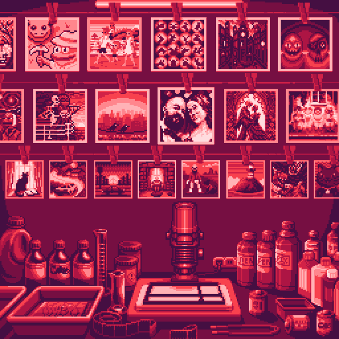 The image features a dark room with a photo board hanging from the wall, displaying various pictures of people. The room has a red hue that contrasts with the black background of the photo board. There are several bottles scattered around the room, some placed on shelves or tables and others resting on the floor. A microphone is also present in the scene, suggesting that this space might be used for recording or broadcasting purposes. The post about mint Day #1034 indicates that there are four hours remaining until the mint day, which could be a special occasion or event related to mints.