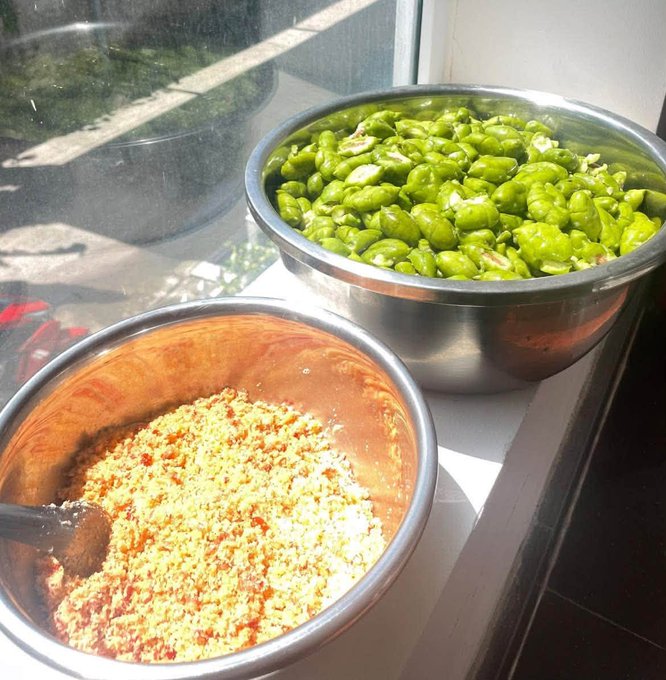 Two stainless steel bowls sit on a windowsill—one filled with shelled bright green fava beans and the other containing crumbled yellow and red seasoning or chili mixture being prepared with a spoon, bathed in morning sunlight.

The image doesn't directly relate to the post's content about building habits with Sleepagotchi; rather, the caption notes a contrast between the post's motivational theme and the simple, everyday act of preparing fresh ingredients to maintain a healthy routine.