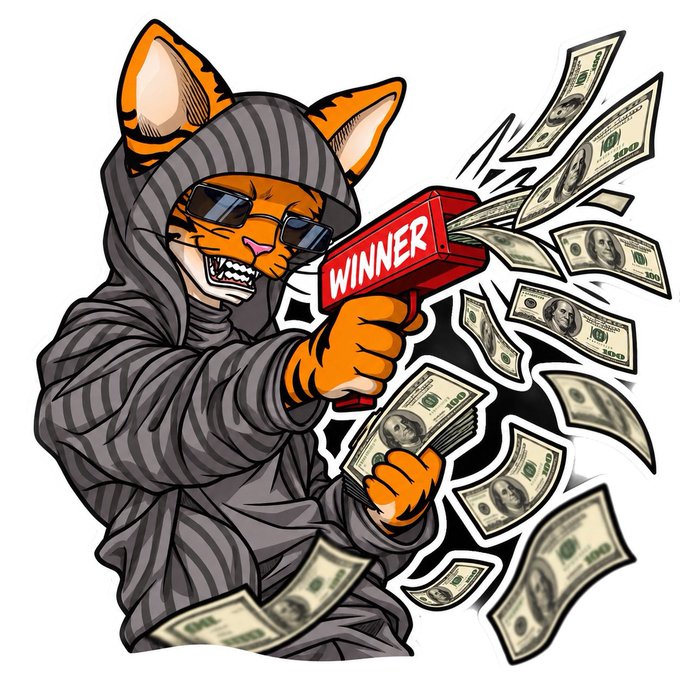 A cartoon cat in a striped hoodie and sunglasses fires a red gun labeled "WINNER," shooting out stacks of $100 bills.

The image illustrates the post's claim of a winning trade, using the "WINNER" gun and flying cash to symbolize a successful $20 USDT profit made in just 4 hours.