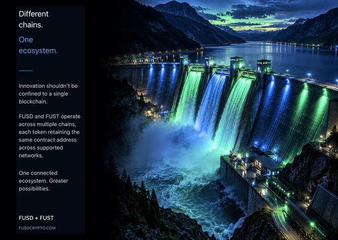A FUSUD + FUST advertisement shows a lit hydroelectric dam and states “Different chains. One ecosystem,” explaining that FUSD and FUST operate across multiple chains with the same contract address.