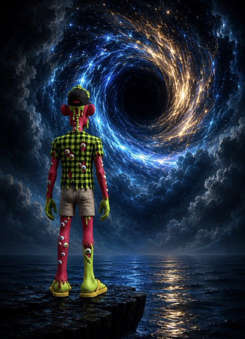 A colorful mutant character with googly eyes stands on a rocky outcrop, gazing up at a swirling cosmic vortex in the night sky above the ocean. The surreal, otherworldly scene visually echoes the post's message of exploring "new worlds" with the Bored Ape and Lil Mutants communities.