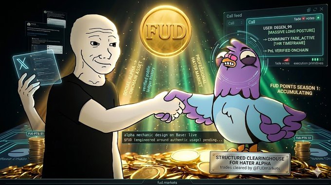 The image features a man holding a gold coin, possibly a FUD coin, while shaking hands with another person who has a pigeon on their shoulder. They are standing next to each other against a backdrop of a computer screen displaying information about market speculation and the use of alphashorts for money creation. The post also mentions that there is an early alpha mechanics design related to this topic.
