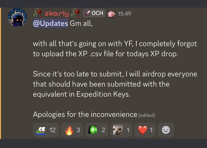 A Discord message from "@Updates" at 15:49 explains that the XP .csv file was forgotten due to ongoing YF issues, so members will receive equivalent Expedition Keys via airdrop instead of the missed XP drop. The post received 12 bug, 3 fire, 2 gem, 1 animal, and 1 heart reaction.