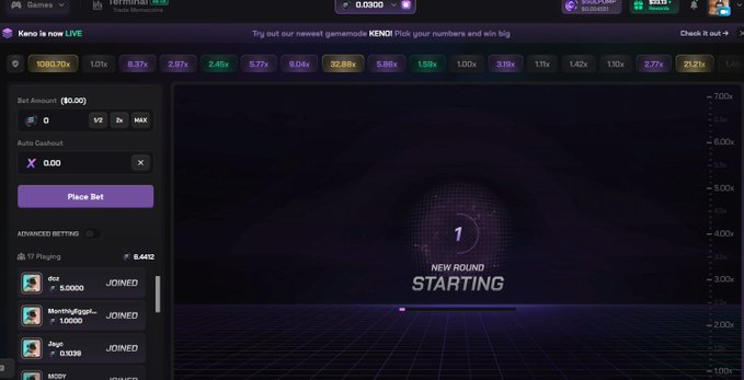 A screenshot of a Stake online gambling interface showing a "NEW ROUND STARTING" screen with a 1 multiplier in the center, while a side panel displays recent bets including entries from users like 4nz ($5,000), MorningPigeon_ ($10,000), and Jagic ($0.139) waiting in advanced betting. The image visually captures the moment of anticipation before a gambling round begins, aligning with the post's excitement about reaching a 1000x multiplier.