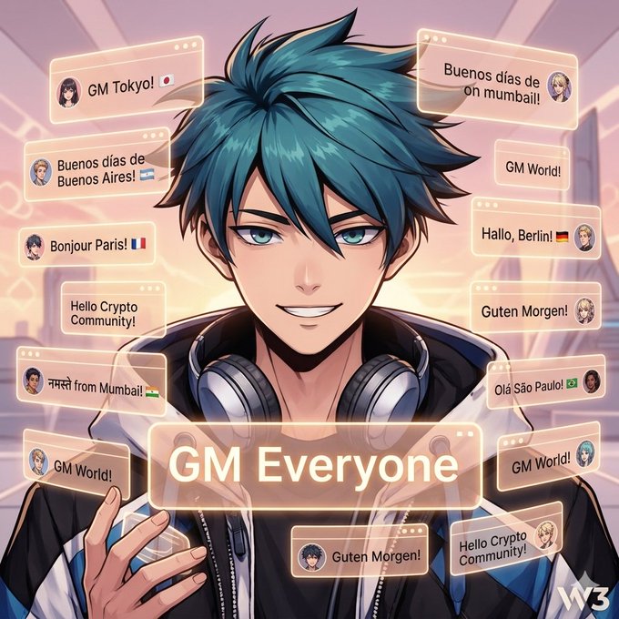 An anime-style illustration shows a teal-haired character wearing headphones surrounded by chat bubbles with greetings like 'GM Tokyo!', 'Bonjour Paris!', and 'Guten Morgen!', with a central banner reading 'GM Everyone'.