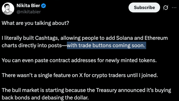 A tweet from Nikita Bier (@nikitabier) defending his work on crypto trading features like Cashtags for Solana and Ethereum charts on X.