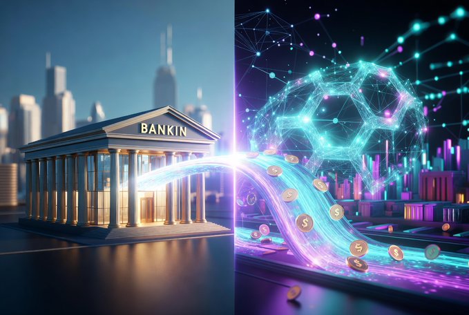 A split-screen digital illustration contrasting a classical 'BANKIN' building on the left with a glowing, futuristic blockchain network and digital coins flowing on the right.